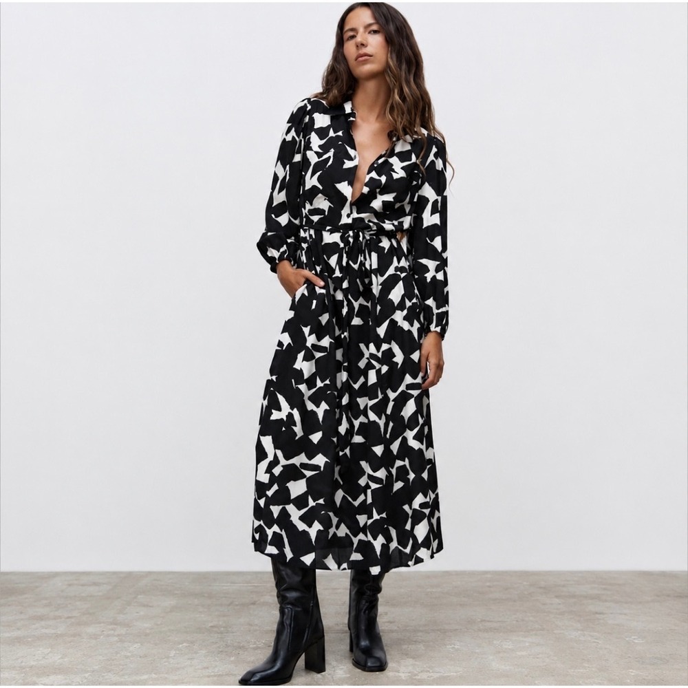 Zara Maxi Shirt Dress Womens Small Black White Abstract Print Belted Mod Chic